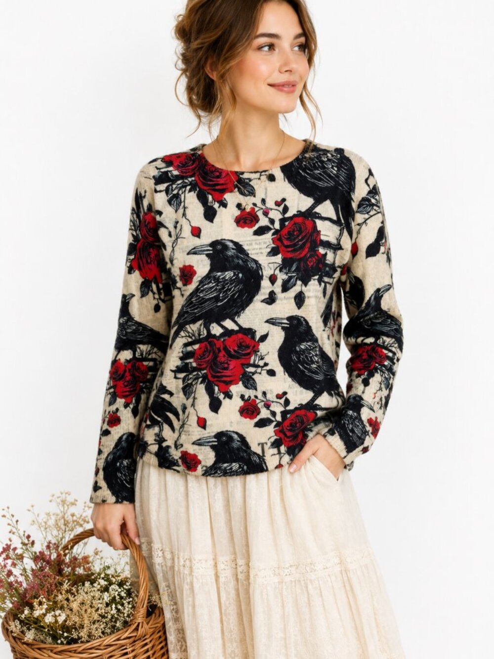 Raven & Rose Print Sweater Top Women's Medium 100% Polyester Soft Cozy - Picture 1 of 9